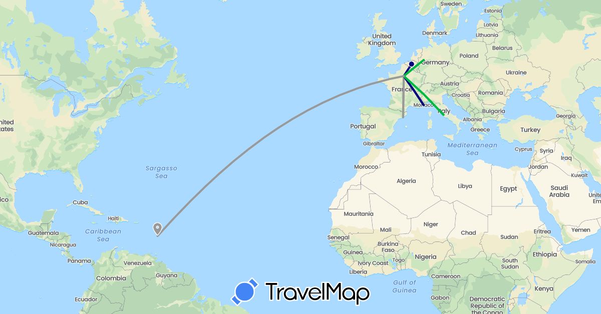 TravelMap itinerary: driving, bus, plane in Belgium, Germany, Spain, France, Italy, Monaco, Martinique (Europe, North America)